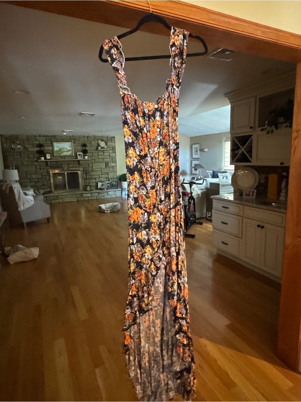 Floral Ruffled Maxi Dress in Black and Orange